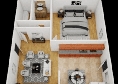 A three-dimensional staged floorplan of an apartment within Claremont Hills. The apartment opens to the living room, which is open to the kitchen. There is one bedroom next to the kitchen and a hallway off the living room that leads to the bathroom.