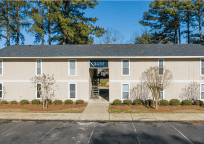 One of the Magnolia Crossing apartment buildings, a two story apartment building with a stairwell in the middle