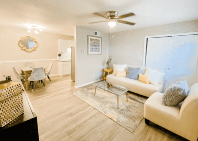 The living and dining room of an Oakridge apartment.